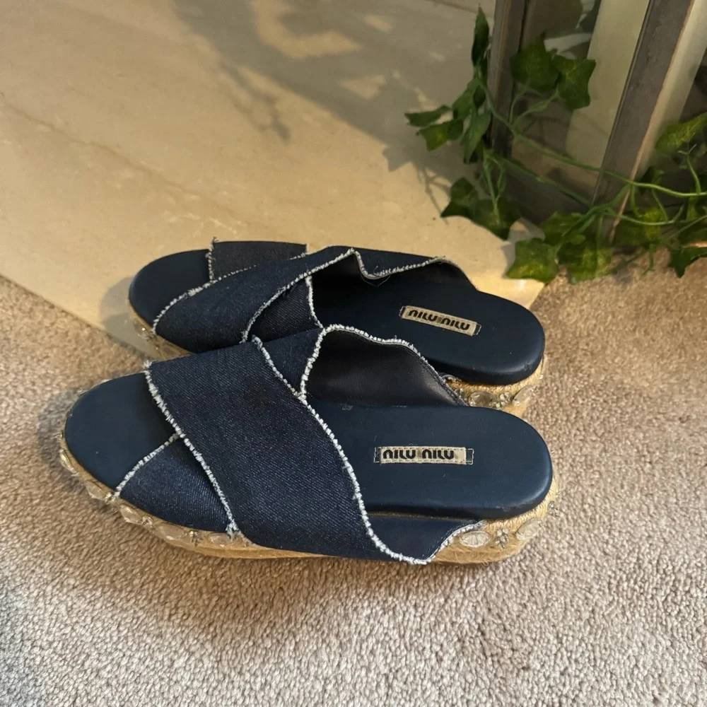 Miu Miu Criss Cross Jeweled Blue Y2K Denim Platform Sandals